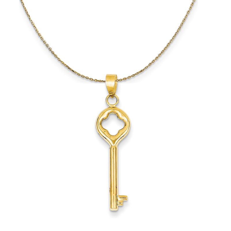 14k Yellow Gold Clover Top Round Key Necklace - 16 Inch
